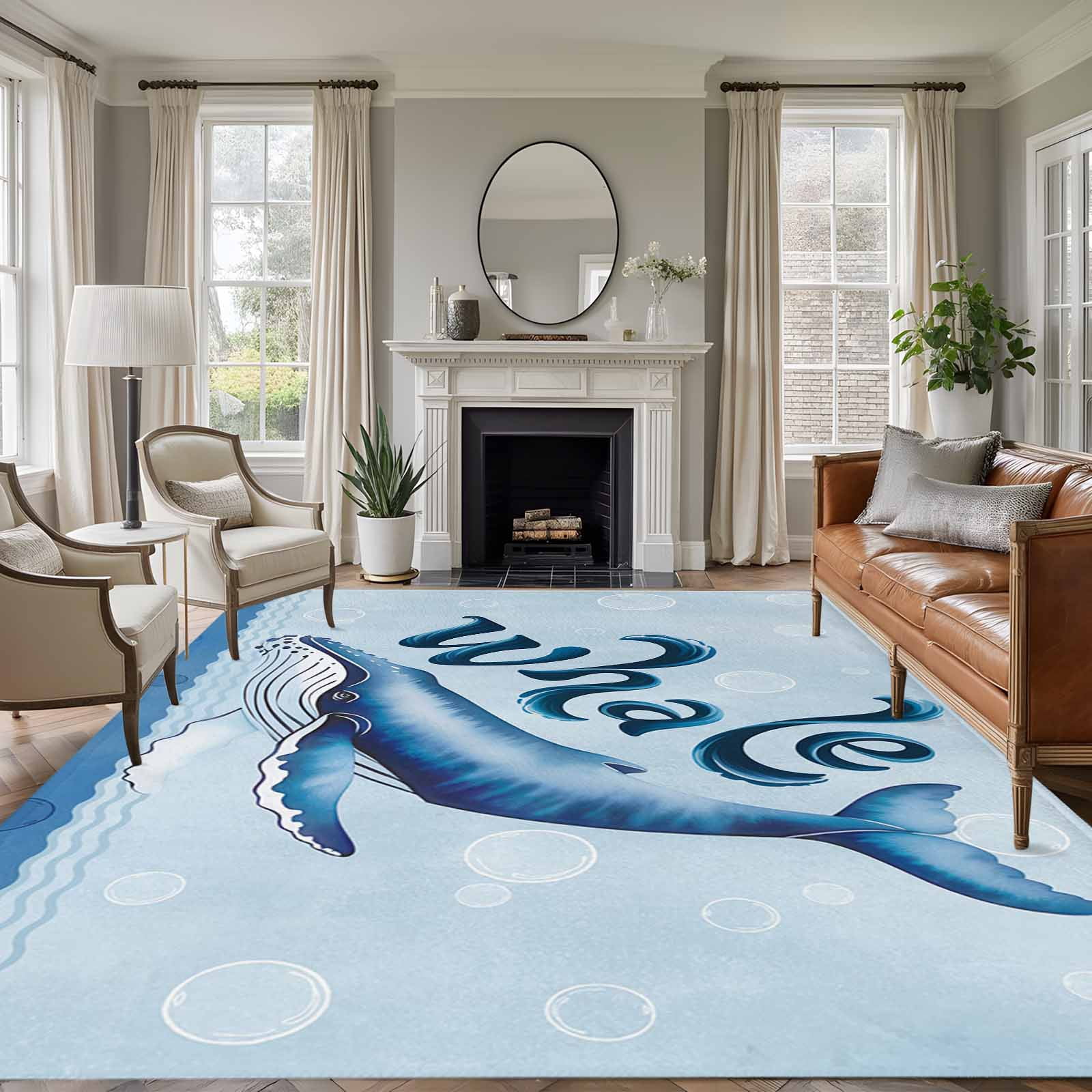 Navy Blue Whale Area Rugs 6'x9', Washable Small Throw Rugs for Kitchen ...