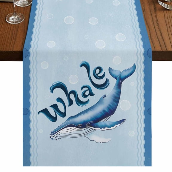 Navy Blue Whale Burlap Cotton Table Runner 13x48 Inches Long, Summer Coastal Bubbles Ocean Waves Farmhouse Table Runners, Outdoor Dining Tablecloths Decor for Baby Shower/Party/Wedding