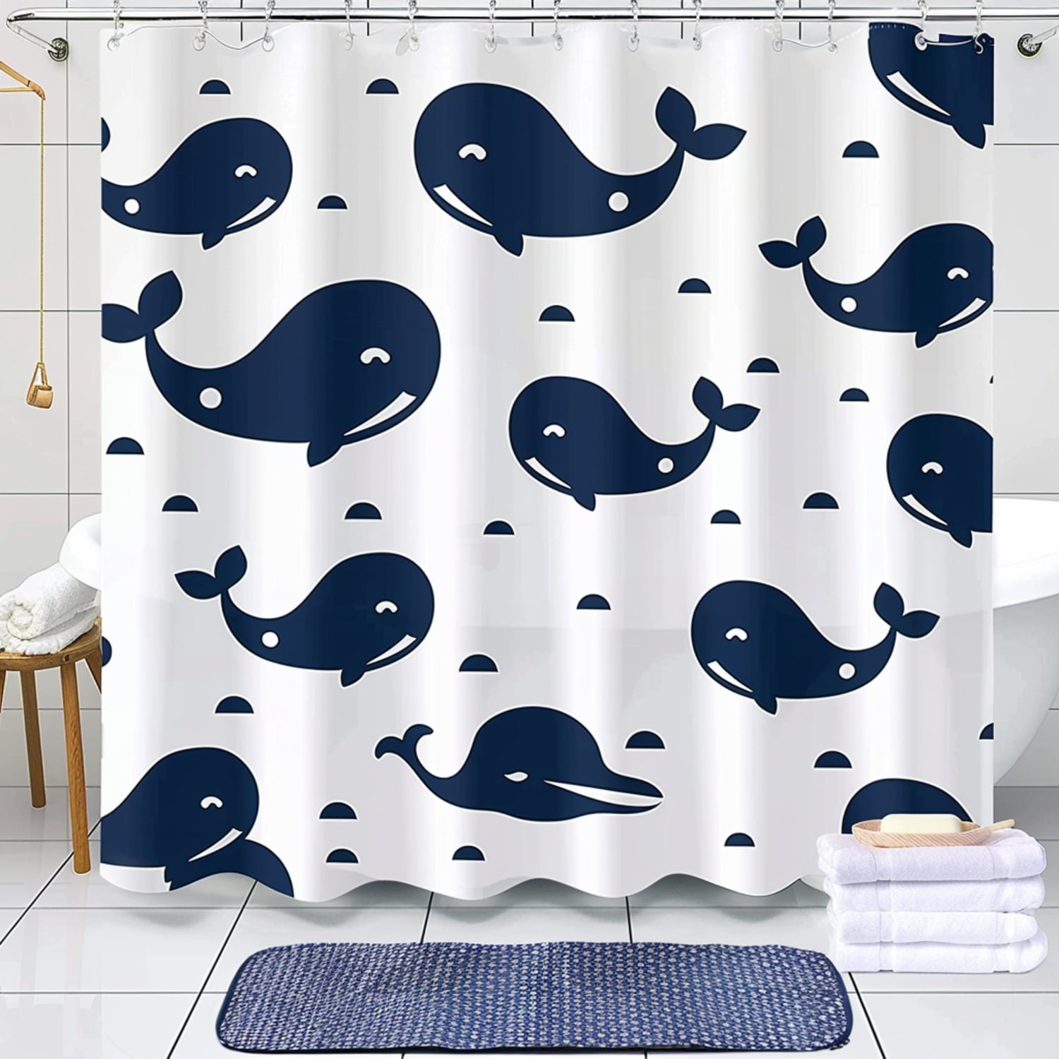 Navy Blue Whale Pattern Shower Curtain Set Minimalist Design White