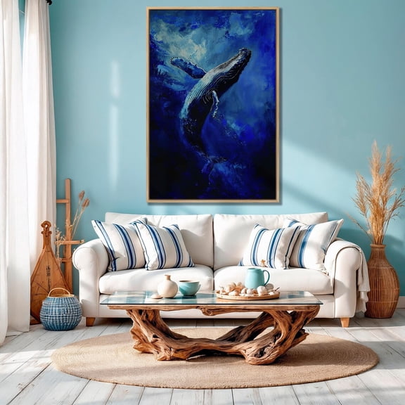 Navy Blue Whale Poster Underwater Ocean Life Wall Art Humpback Whale Wall Art Decor Deep Sea Poster Bathroom Art Decor, Stretched Canvas Size 16x24