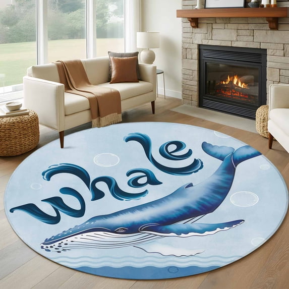Navy Blue Whale Round Area Rug 5Ft Washable Circle Rugs for Living Room Bedroom, Summer Coastal Bubbles Ocean Waves Non-Slip Carpet Floor Mats Indoor Outdoor Carpet Runner Aesthetic Home Decor