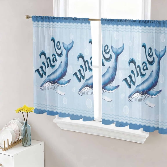 Navy Blue Whale Sheer Curtains 45 Inches Length 2 Panels Set, Window Sheer Curtains for Living Room/Bedroom, Summer Coastal Bubbles Ocean Waves Light Filtering Rod Pocket Curtain 52''x45''x2