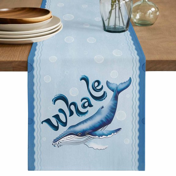Navy Blue Whale Table Runner, Summer Coastal Bubbles Ocean Waves Washable Cotton Linen Table Runners 36 Inches Long, Dresser Scarf Runner for Nightstand/End Tables/Round Tables 13''x36''