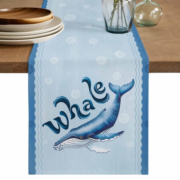 Navy Blue Whale Table Runner, Summer Coastal Bubbles Ocean Waves Washable Cotton Linen Table Runners 48 Inches Long, Dresser Scarf Runner for Nightstand/Coffee/End Tables 13''x48''