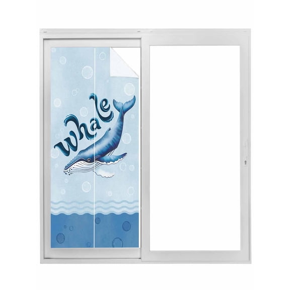 Navy Blue Whale Window Privacy Film, Summer Coastal Bubbles Ocean Waves Static Cling UV Sun Blocking Tint Film Heat Control Windows Films for Bedroom Bathroom, Window Stickers 17.7"x39.3"
