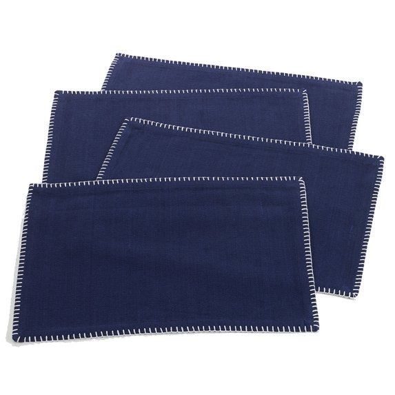 Navy Blue Whip Stitched Boarder Design Placemat, 13" X 19" Rectangular (4 Piece Set)