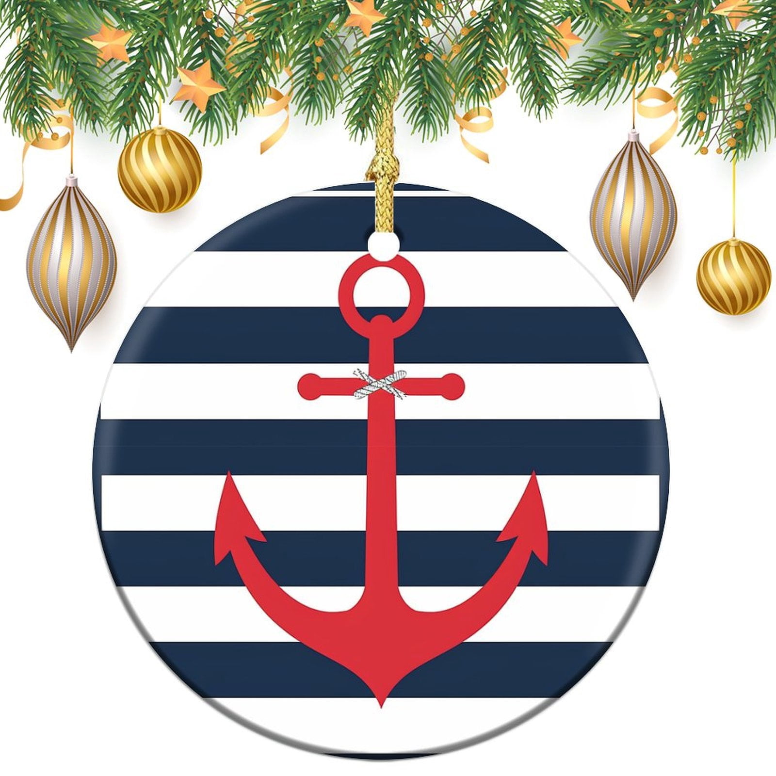 Navy Blue, White And Red Stripes with An Anchor Ornament Retro Nautical