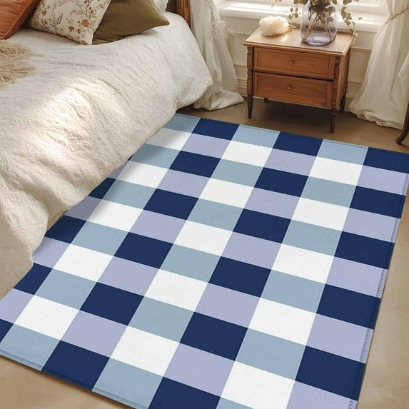 Navy Blue White Buffalo Check 2.7x5 Area Rugs, Farmhouse Plaid Modern Geometric Non-Skid Rubber Backing Large Rectangle Rugs - Living Room Bedroom Home Office, Indoor Floor Mat Carpets Washable Rug