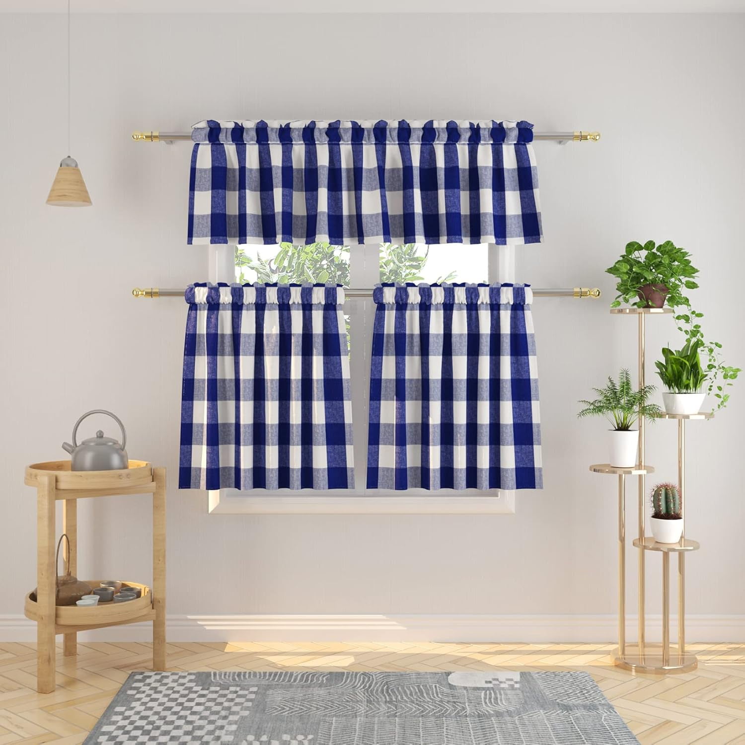 Navy Blue & White Buffalo Check 3 Pc Farmhouse Kitchen Curtains | 54" x ...