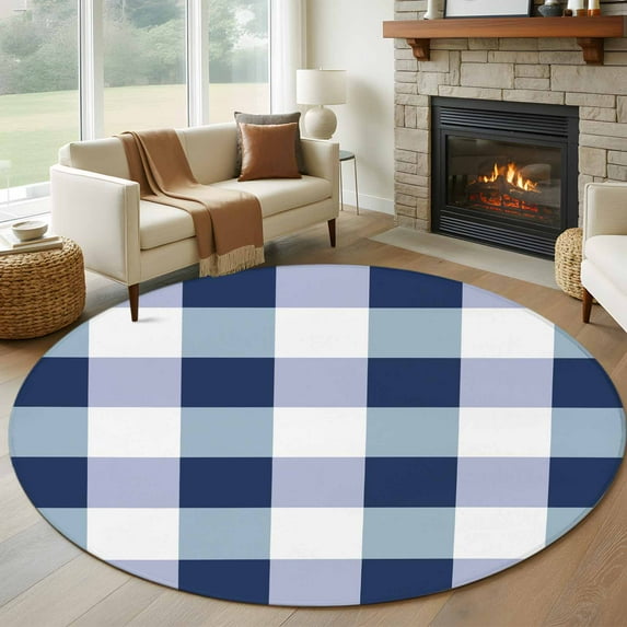 Navy Blue White Buffalo Check 8ft Round Rug, Farmhouse Plaid Modern Geometric Non-Skid Rubber Backing Large Area Rugs - Living Room Bedroom Home Office, Indoor Floor Mat Carpets Washable Rug