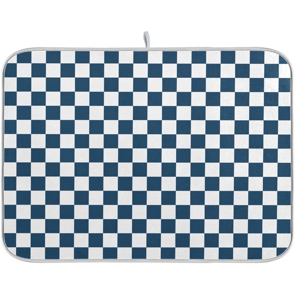 Navy Blue White Checkered Pattern Dish Drying Mat for Kitchen Counter Absorbent Reversible Microfiber Drying Pad Countertop Drainer Mats, Small 16 x 18 inch