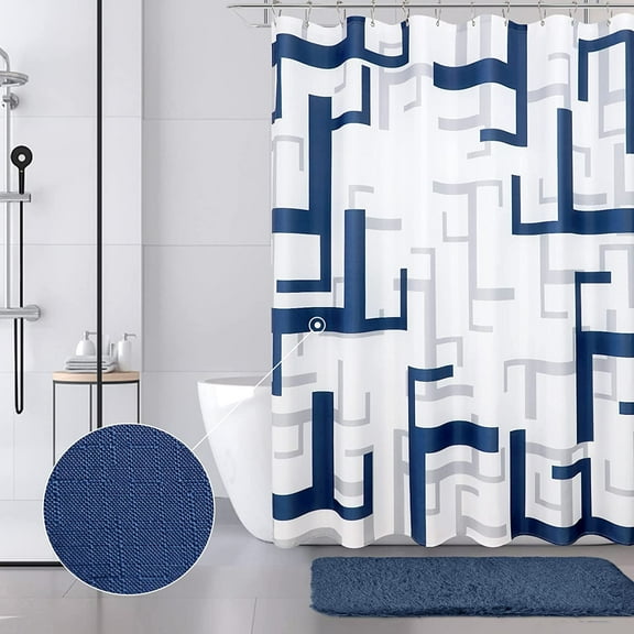 Navy Blue and White Cloth Shower Curtain with Hooks Modern Blue Grey Shower Curtains for Bathroom Indigo Light Gray and White Polyester Shower Curtain Geometric Pattern Water Repellent Washable 72x72