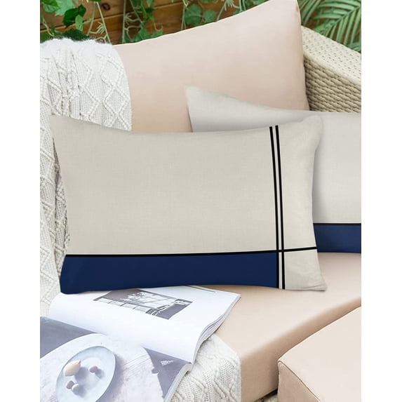 Navy Blue White Color Block Patchwork Outdoor Pillow Covers Set of 2,Decorative Waterproof Throw Pillow Case,Modern Geometric Art Cotton Linen Soft Cozy Cushion Pillowcases