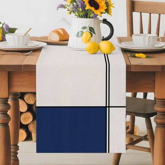 Navy Blue White Color Block Patchwork Table Runner 72 Inches Long, Modern Geometric Art Table Runners Tabletop Scarf Kitchen Dining Tables Decoration for Home Party Indoor Outdoor