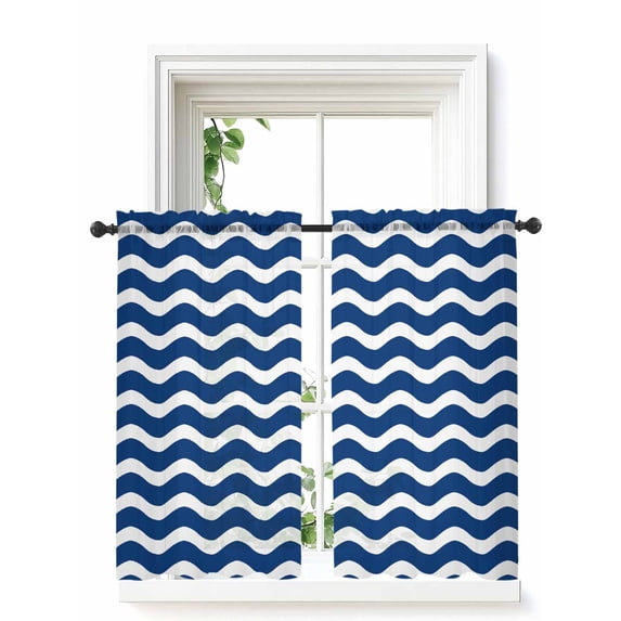 Navy Blue White Curtains 54 Inch Length, Sheer Curtains for Bedroom Living Room Window Abstract Waves Water Ripple Striped Rod Pocket Voile Drapes Kitchen Curtains Small Half Window 42"x54" 2 Panels