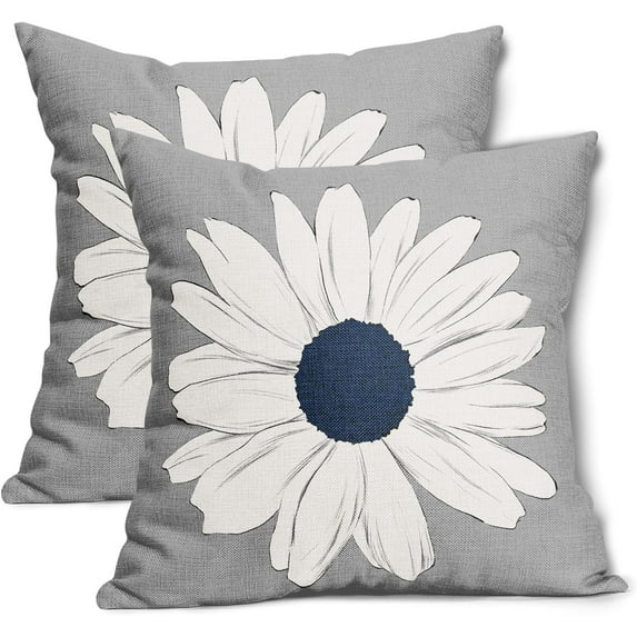 Navy Blue White Daisy Pillow Covers 16x16 Inch Spring Summer Gray Colored Decorative Throw Pillow Case Floral Cushion Cover Set of 2 Home Decor for Bedroom Sofa Living Room Couch Chair Outdoor