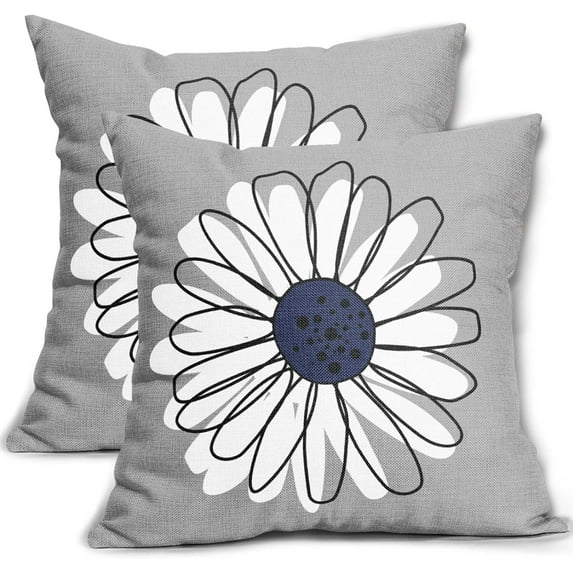 Navy Blue White Daisy Pillow Covers 16x16 Set of 2 Spring Summer Gray Grey Colored Decorative Throw Pillows Outdoor Modern Art Flower Pillowcase Square Linen Cushion Case for Home Sofa Couch Bed