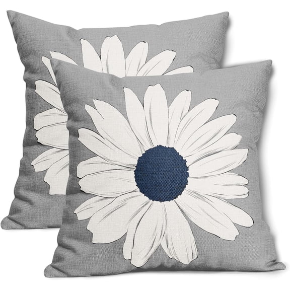 Navy Blue White Daisy Pillow Covers 18x18 Inch Spring Summer Gray Colored Decorative Throw Pillow Case Floral Cushion Cover Set of 2 Home Decor for Bedroom Sofa Living Room Couch Chair Outdoor