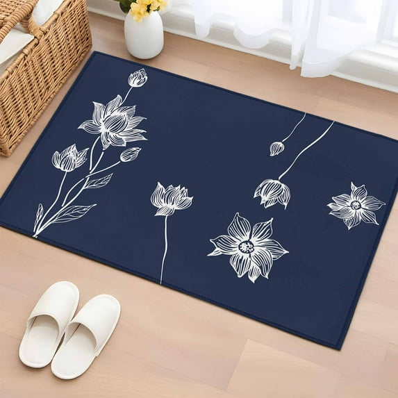 Navy Blue White Floral Bathroom Mats 2x3 FT, Non Slip Small Kitchen Mat, Abstract Art Summer Botanical Washable Soft Backed Front Door Throw Rugs Non-Shedding Indoor Outdoor Doormat for Entryway Sink