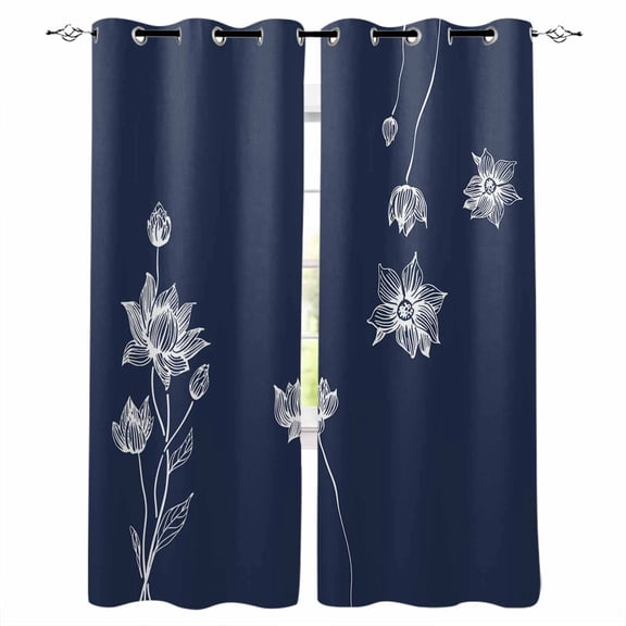 Navy Blue White Floral Blackout Curtains for Bedroom Living Room Darkening Curtains 54 Inch Long Abstract Art Summer Botanical Short Curtain for Small Window Treatment Grommet Drapes 42"x54"x2