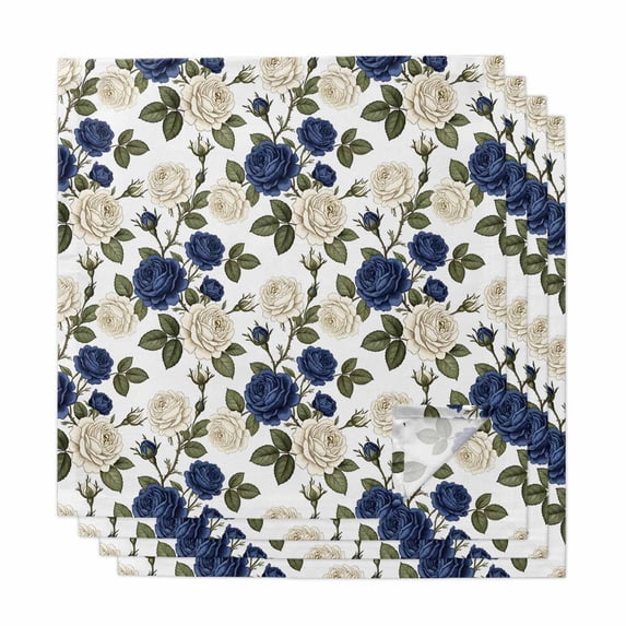 Navy Blue White Floral Cloth Napkins, Farmhouse Flowers Botanical Leaf Washable and Reusable Dinner Napkins Set of 4, Table Napkin for Kitchen Party Birthday Wedding Hotel Housewarming 20"x20"