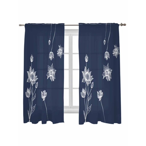 Navy Blue White Floral Curtains 63 Inch Length, Sheer Curtains for Bedroom Living Room Window Abstract Art Summer Botanical Rod Pocket Voile Drapes Kitchen Curtains Small Half Window 42"x63" 2 Panels