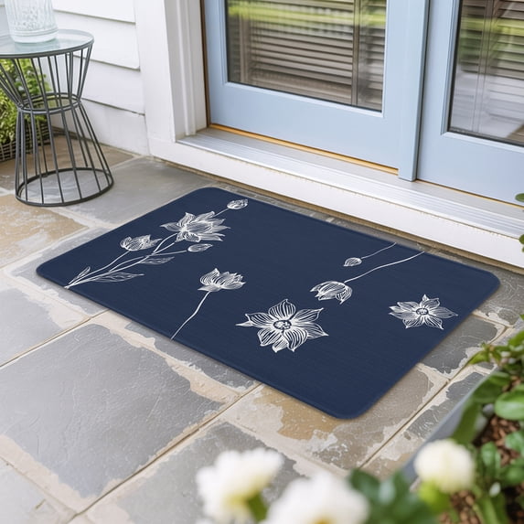Navy Blue White Floral Door Mat Indoor Outdoor, Abstract Art Summer Botanical Non Slip Welcome Mat with Rubber Backing, Absorbent Fabric Front Door Mats Entryway Rug for Home Patio Entrance 18"x30"