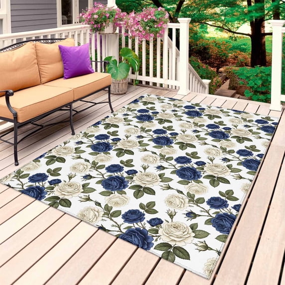 Navy Blue White Floral Outdoor Rug 6x9 Ft, Non Slip Washable Area Rug, Farmhouse Flowers Botanical Leaf Patio Rugs Carpet Runner, Large Floor Mat for Indoor/Outdoor Deck Porch Camping