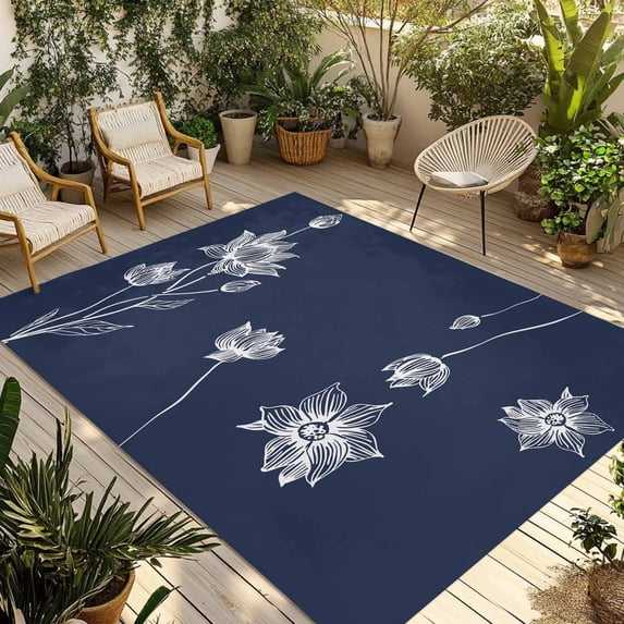 Navy Blue White Floral Outdoor Rug 6x9 Ft - Reversible Patio Rug Outdoor Camping Rugs, Abstract Art Summer Botanical Washable Indoor Outdoor Area Rugs, Non-Slip Outdoor Carpet Runner for Deck/Porch