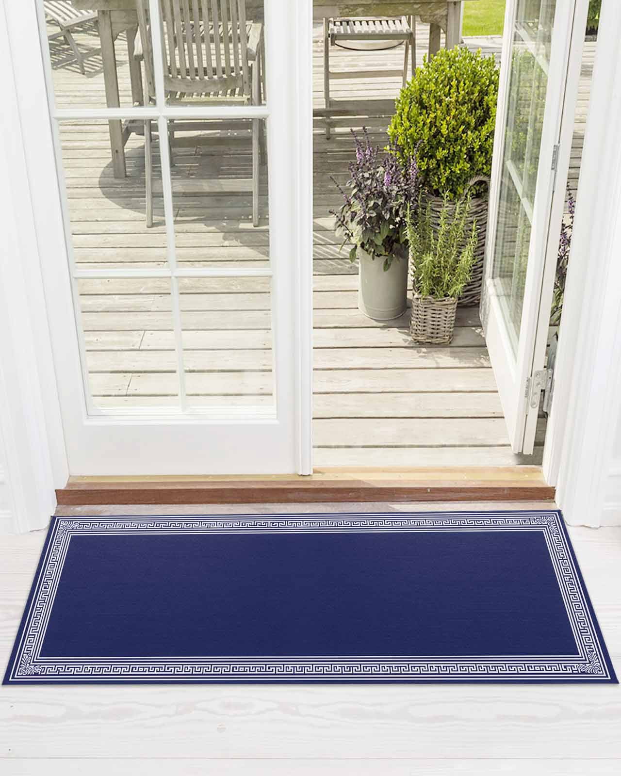 Navy Blue White Front Door Mat Geometric Greek Style Abstract Art Welcome Doormat Indoor Outdoor Entrance Floor Mat Non-Slip Washable Runner Rug for Front Porch Decor 18x60 Inch