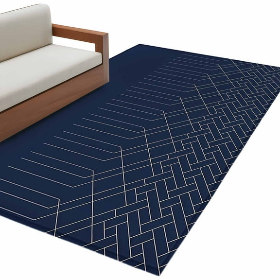 Navy Blue White Geometric 3'x5' Washable Rug, Modern Herringbone Abstract Art Non-Slip Area Rugs for Entryway Kitchen Classroom, Dorm Throw Carpet, Low Pile Soft Indoor Floor Mat