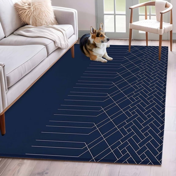 Navy Blue White Geometric Area Rug 4x6 FT, Non Slip Kids Room Carpet, Modern Herringbone Abstract Art Washable Soft Floor Carpet Non-Shedding Throw Rug for Dorm Kitchen Study Room Home Office Bedside
