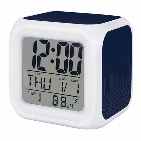 Navy Blue White Geometric Digital Alarm Clock for Bedrooms,Smart LED Alarm Clock with 7 Color Night Light,Modern Herringbone Abstract Art Silent Wake Up Clocks for Sleep Study Cooking 3.2"x3.2"