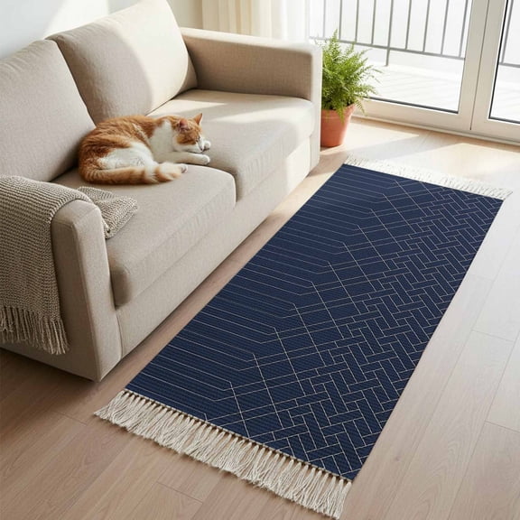 Navy Blue White Geometric Kitchen Runner Rug 2'x4',Modern Herringbone Abstract Art Washable Rug with Tassels,Non Slip Woven Cotton Bathroom Rugs Hallway Carpet for Foyer Bedroom Entry Back Door Decor