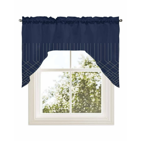 Navy Blue White Geometric Kitchen Swag Valance for Window,Rod Pocket Short Kitchen Curtains&nbsp;36 Inch Length,Modern Herringbone Abstract Art Swag Topper Small Window Treatment for Cafe Bathroom