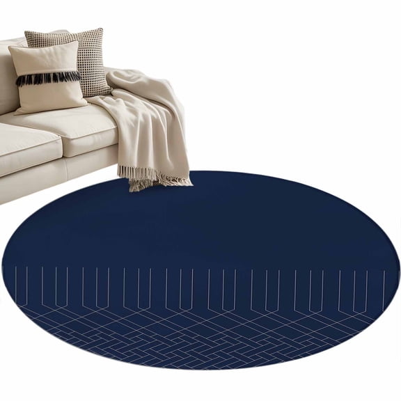 Navy Blue White Geometric Large Area Rugs for Bedroom Living Room, Soft Non Slip Carpet Bedside Rug, Modern Herringbone Abstract Art Round Floor Cover Kitchen Accent Rug 4' for Dining Room/Office