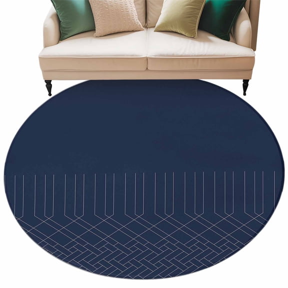 Navy Blue White Geometric Large Area Rugs for Bedroom Living Room, Soft Non Slip Carpet Bedside Rug, Modern Herringbone Abstract Art Round Floor Cover Kitchen Accent Rug 7' for Dining Room/Office