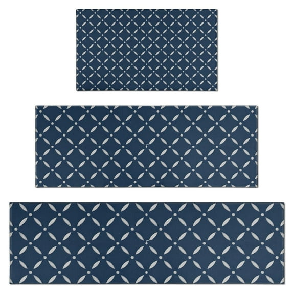Navy Blue and White Geometric Pattern Kitchen Rugs Sets Of 3,Kitchen Runner Rugs Non Skid Washable,Decorative Kitchen Floor Mats for Kitchen,Sink,Laundry,17"x30"+ 17"x47" + 17"x59"