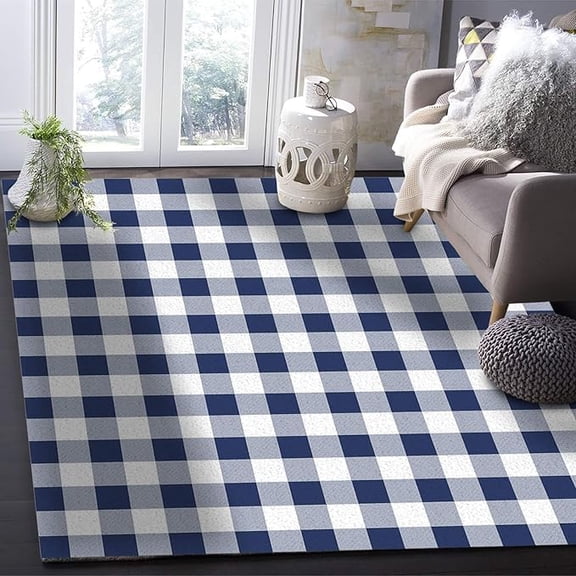 Navy Blue And White Geometric Plaid Area Rug, Farmhouse Buffalo Line Plaid Large Indoor Carpet, Non-Slip Machine Washable Decorative Rug For Living Room Bedroom Dining Room 2' x 3'