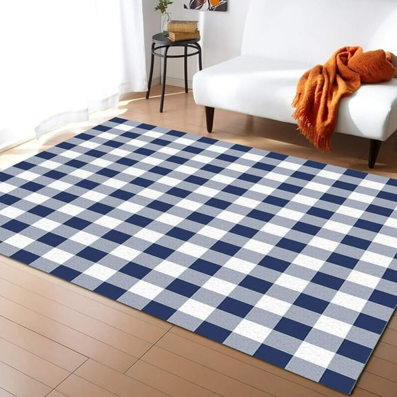 Navy Blue and White Geometric Plaid Area Rug, Farmhouse Buffalo Line Plaid Large Indoor Carpet, Non-Slip Machine Washable Decorative Rug for Living Room Bedroom Dining Room Farmhouse-2x3ft