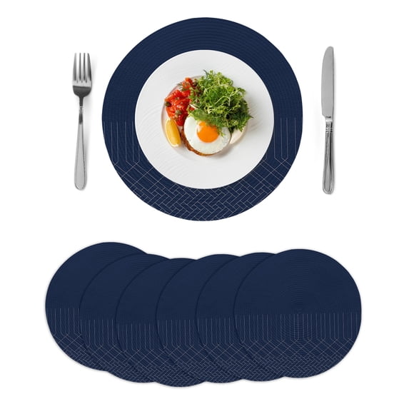 Navy Blue White Geometric Round 13 Inch Placemats Set of 6, Modern Herringbone Abstract Art HeatResistant Non Slip Place Mats for Dining Table, Wipeable Braided Kitchen Table Mats for Housewarming