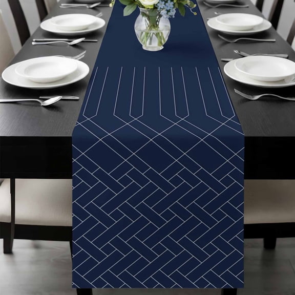 Navy Blue White Geometric Table Runner 36 Inches Long, Modern Herringbone Abstract Art Kitchen Coffee Dining Table Decoration for Home Party Birthday Wedding Home Decor 13x36 Inches