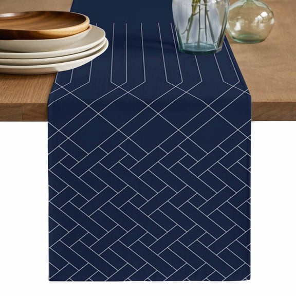 Navy Blue White Geometric Table Runner, Modern Herringbone Abstract Art Washable Cotton Linen Table Runners 48 Inches Long, Dresser Scarf Runner for Nightstand/Coffee/End Tables 13''x48''