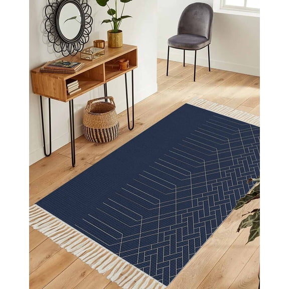 Navy Blue White Geometric Washable Area Rug 3'x5',Modern Herringbone Abstract Art Woven Cotton Tassels Kitchen Rugs,Non Slip Indoor Door Mat Throw Carpet for Entryway Living Room Nursery Laundry Room