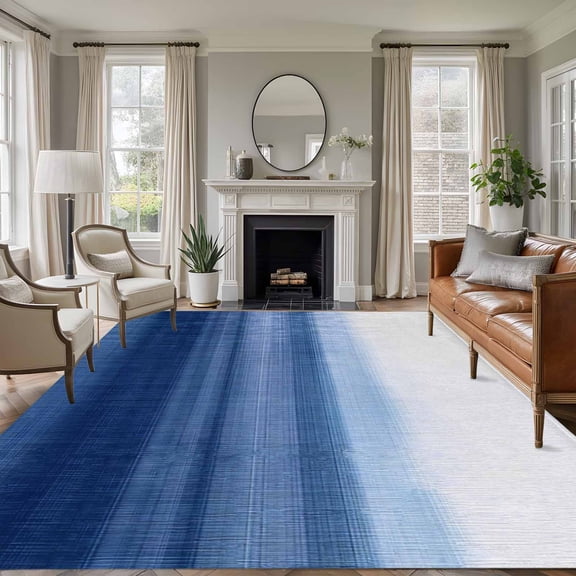 Navy Blue White Gradient 5x7 Rug for Living Room Sofa and Coffee Table Layout, Abstract Ombre Texture Modern Art Washable Non Slip Rectangle Area Rug