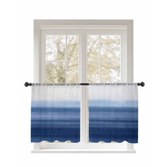 Navy Blue White Gradient Sheer Curtains 45 Inch Long 2 Panels, Abstract Ombre Texture Modern Art Light Filtering Rod Pocket Semi Sheer Curtains, Sheer Voile Drapes for Living Room Bedroom, 52"x45"