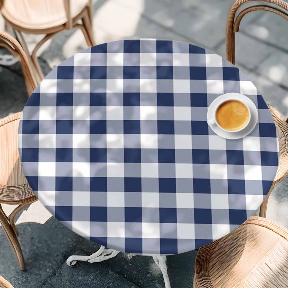 Navy Blue and White Grid Round Fitted Tablecloth with Elastic Edge,Waterproof Table Cloth Fits Tables Up to 36"-44",Wipeable Washable Table Cover for Indoor Outdoor Dinning Party,Pastoral Farm Theme