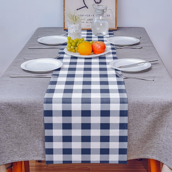 Navy Blue and White Grid Table Runner 13x70in Non-Slip Cotton Linen Table Runners, Pastoral Farm Theme Dresser Scarves TableRunner for Dinner Kitchen Dining Wedding Party