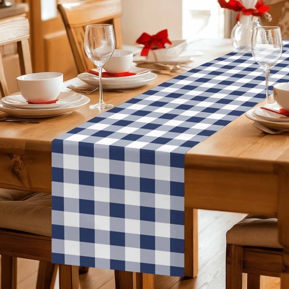 Navy Blue and White Grid Table Runner 36 Inches Long,Kitchen Dining Tablerunners Pastoral Farm Theme Linen Table Runners Dresser Scarves for Home Dinner Wedding Holiday Party Decor