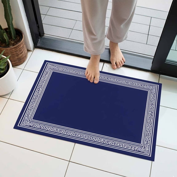 Navy Blue White Indoor Door Mat 16x24 Inch Geometric Greek Style Abstract Art Front Door Mat Non Slip Washable Entryway Rug Low Profile Dirt Trapper Doormat for Bathroom Kitchen Bedroom